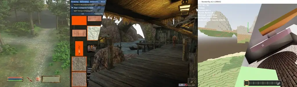 Side by side panel of screenshots showcasing previews of the Stranded Sky game project and RTX Remix modded Morrowind and Oblivion