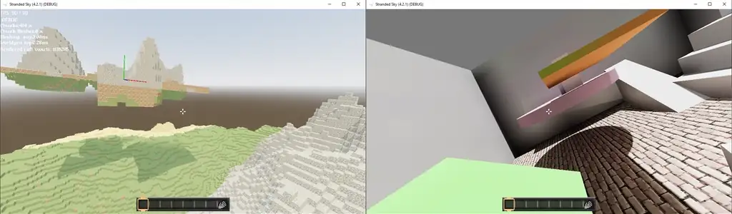 Two screenshots of the Stranded Sky game project, one depicting a floating voxel island and the other, the game's physics based movement