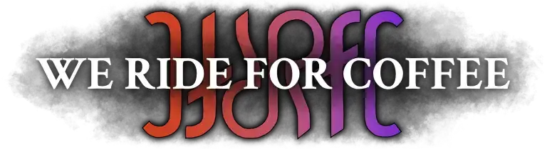 We Ride For Coffee logo of the letters W R F C arranged as an ambigram, with We Ride For Coffee spelt out over the top in plain text